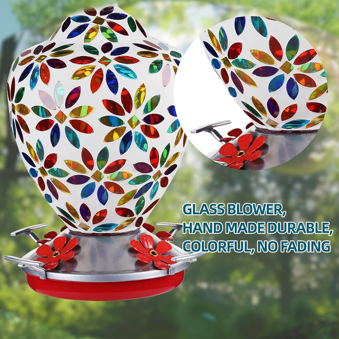 VOREEN Glass Mosaic Hummingbird Feeders, 35OZ with Ant Moat & 4 Feeding Ports, Hand Blown Glass Outdoor Hanging Porch Garden Backyard Decor, Mom Wife Friend'Gift, Flowers Design