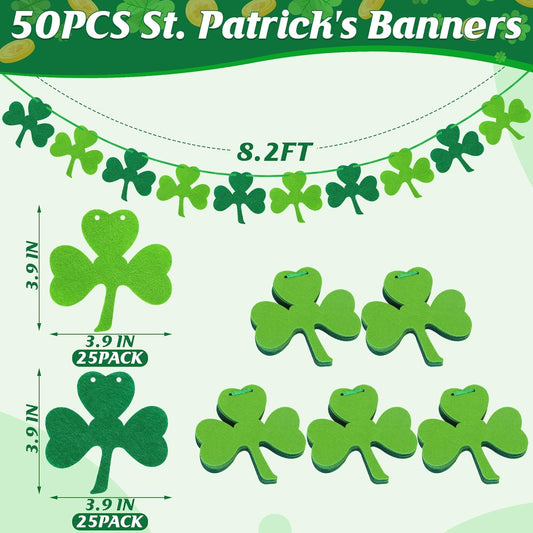 50 PCS St Patricks Day Decorations, St Patricks Day Garland NO DIY, Adjustable St Patricks Day Banner, 8.2 FT Dark Light Green Shamrock Garland Hanging Felt St Patricks Banner Irish Party Indoor