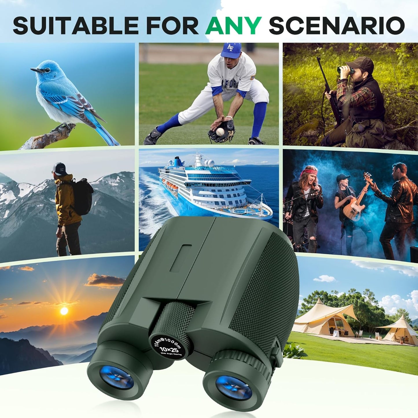 Leacco 10x25 Compact Binoculars for Adults and Kids, Large View Waterproof Small Binoculars with Low Light Vision BAK4 Prism FMC Lens for Cruise Ship Bird Watching Travel Hunting, Military Green