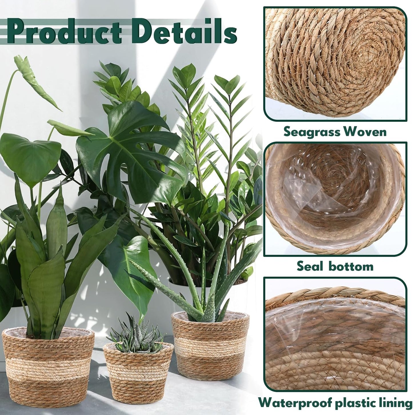 Mumufy 6 Pcs Seagrass Planter Basket Flower Pots Cover Plant Baskets Hand Woven Plant Basket Storage Containers with Plastic Liners for Indoor Outdoor Flower Pots Decoration 10, 7, 8.3 Inch(Novel)
