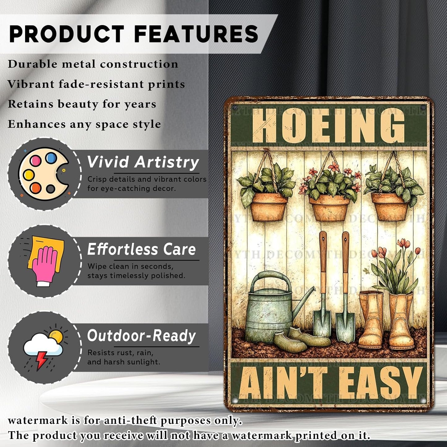 Hoeing Ain't Easy Metal Signs For Outside Rustic Metal Decor Garden Tool Tin Sign for Patio Backyard Greenhouse Planting Room 12 * 8inch