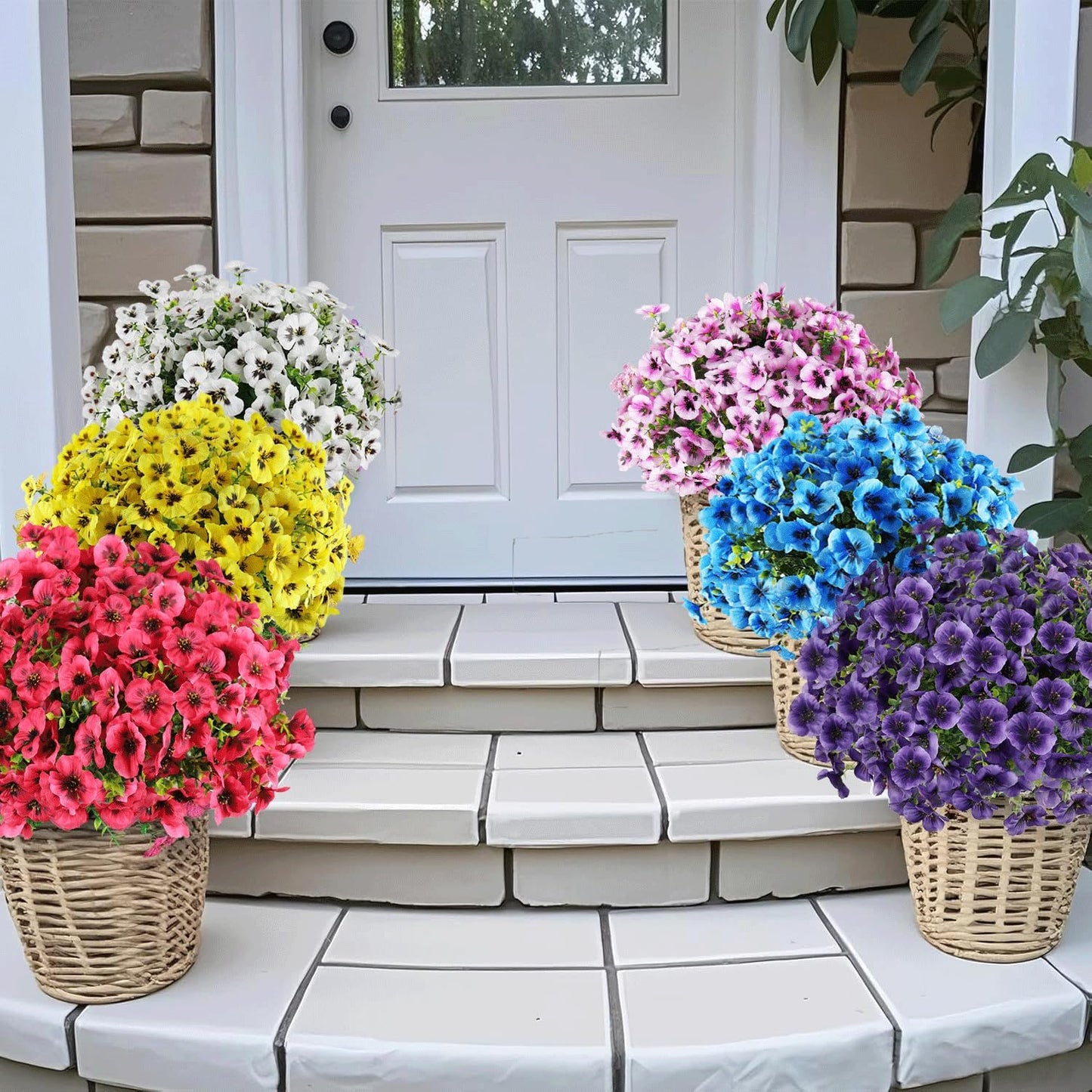 Artificial Fake Pansy Flowers for Outdoor, UV Resistant Faux Silk Pansies Spring Flowers, for Planter Front Door Porch Yard Patio Window Box Home Decor 12 Bundles (Yellow Purple White Pink)