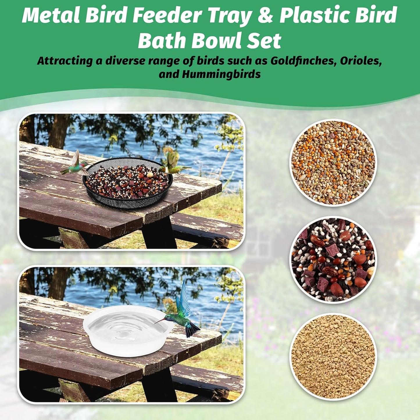 4 Pcs 7 Inch Metal Round Bird Feeder Tray and Plastic Bird Bath Bowl, Wild Birds Seed Tray Bath Water Bowl Outdoor Accessory for Humming Feeder Station (4)
