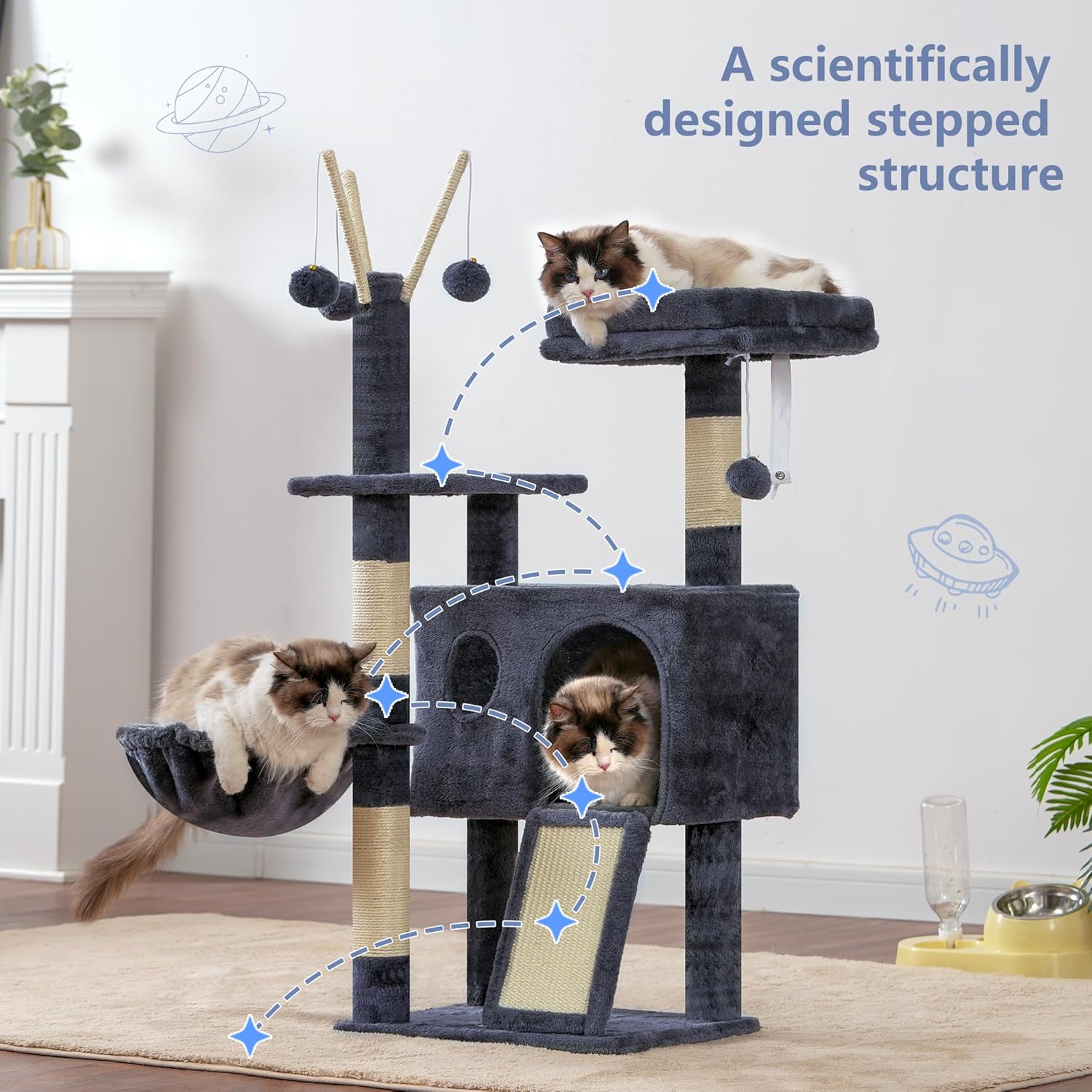 Hey-brother Cat Tree Tower, Scratching Posts with Removable Toys, Cozy