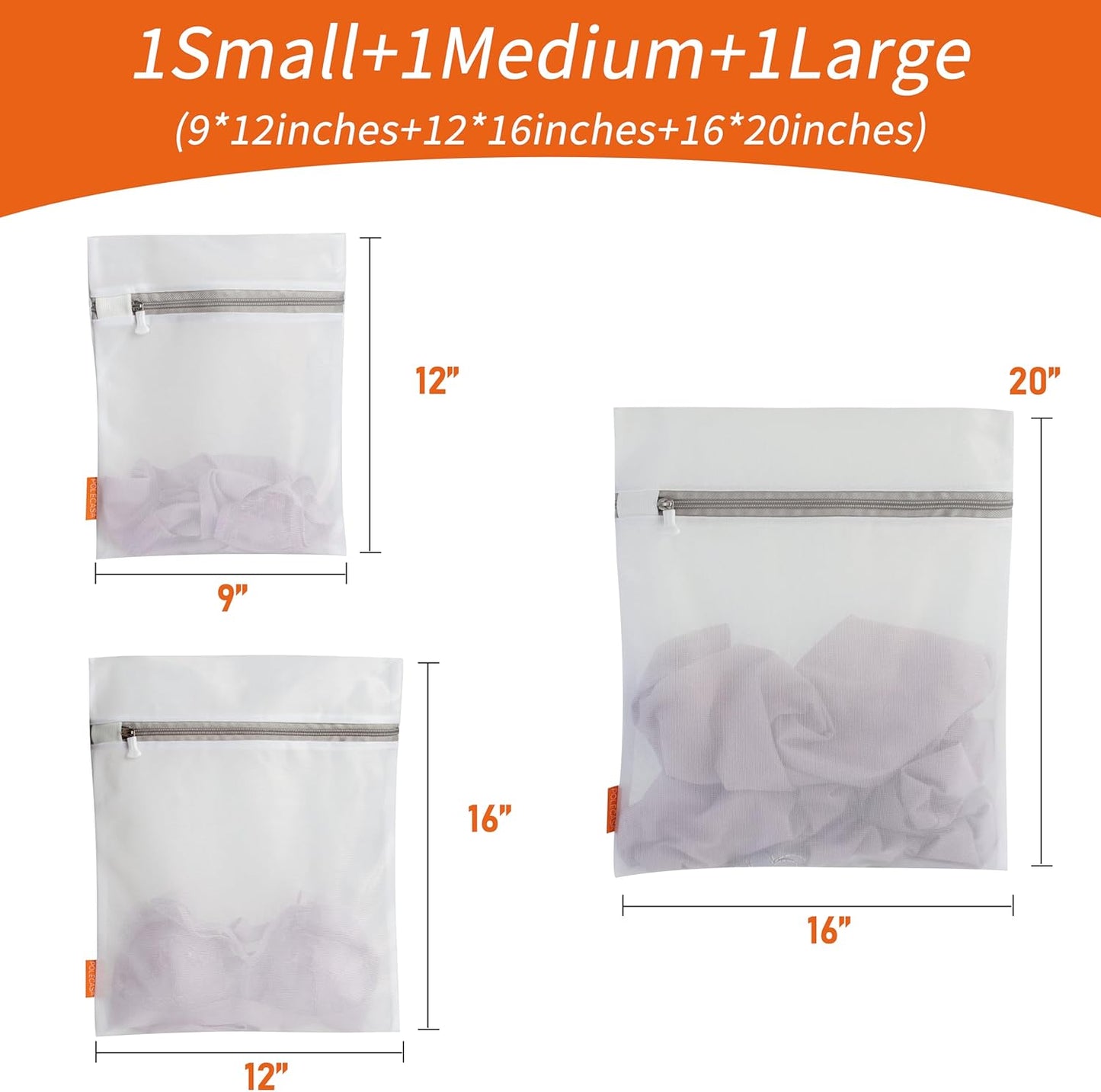 Polecasa 3Pcs Mesh Laundry Bags with Sturdy Zipper, Even Mesh Holes, Variety Sizes for all Your Delicates, Lingerie, Bras, Baby Clothes -Travel Essentials (1 Large, 1 Medium, 1 Small)