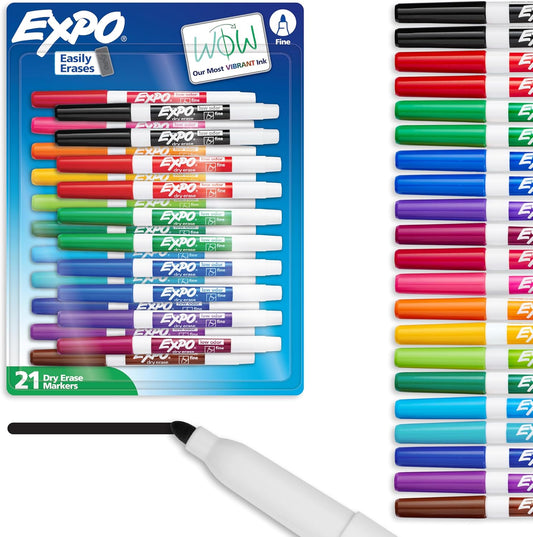 EXPO Dry Erase Markers, Low Odor Ink, Assorted Colors, Fine Tip, 21 Co