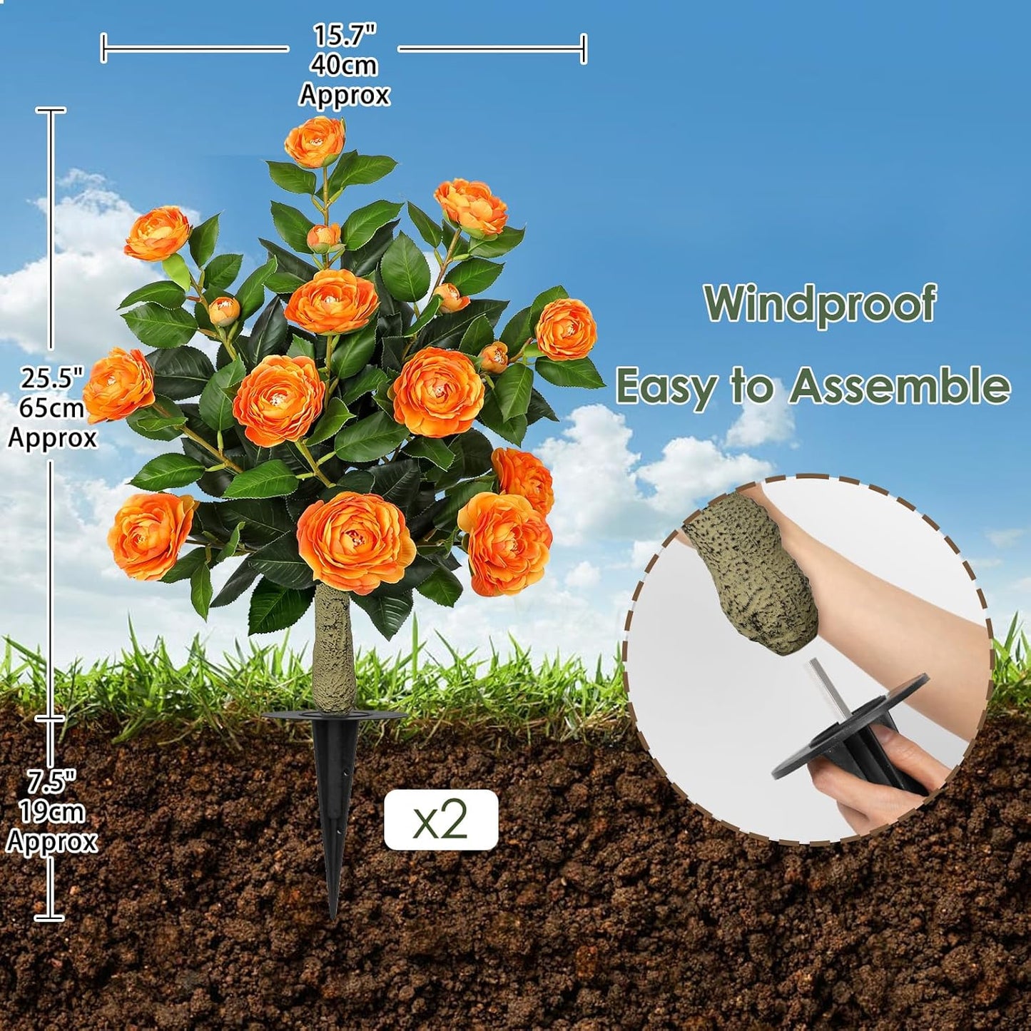 33" Artificial Camellia Tree with Ground Spike, Faux Bushes Plants with Fake Flowers, 2 Pack Realistic Blooming Shrubs for Front Porch Pots, Patio Yard Landscape, Outdoor Garden Walkway Decor, Orange