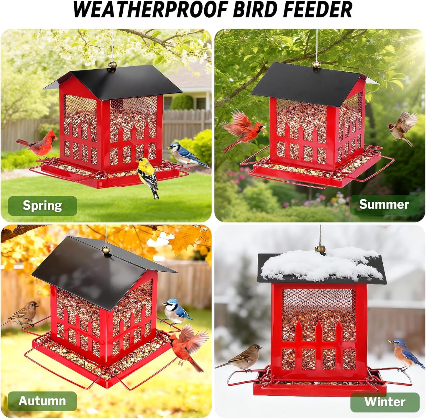 Bird Feeder, Large Bird Feeders for Outdoors Hanging, Metal Wild Bird Feeder with Upgraded Weatherproof Roof for Outside Backyard Garden Decor