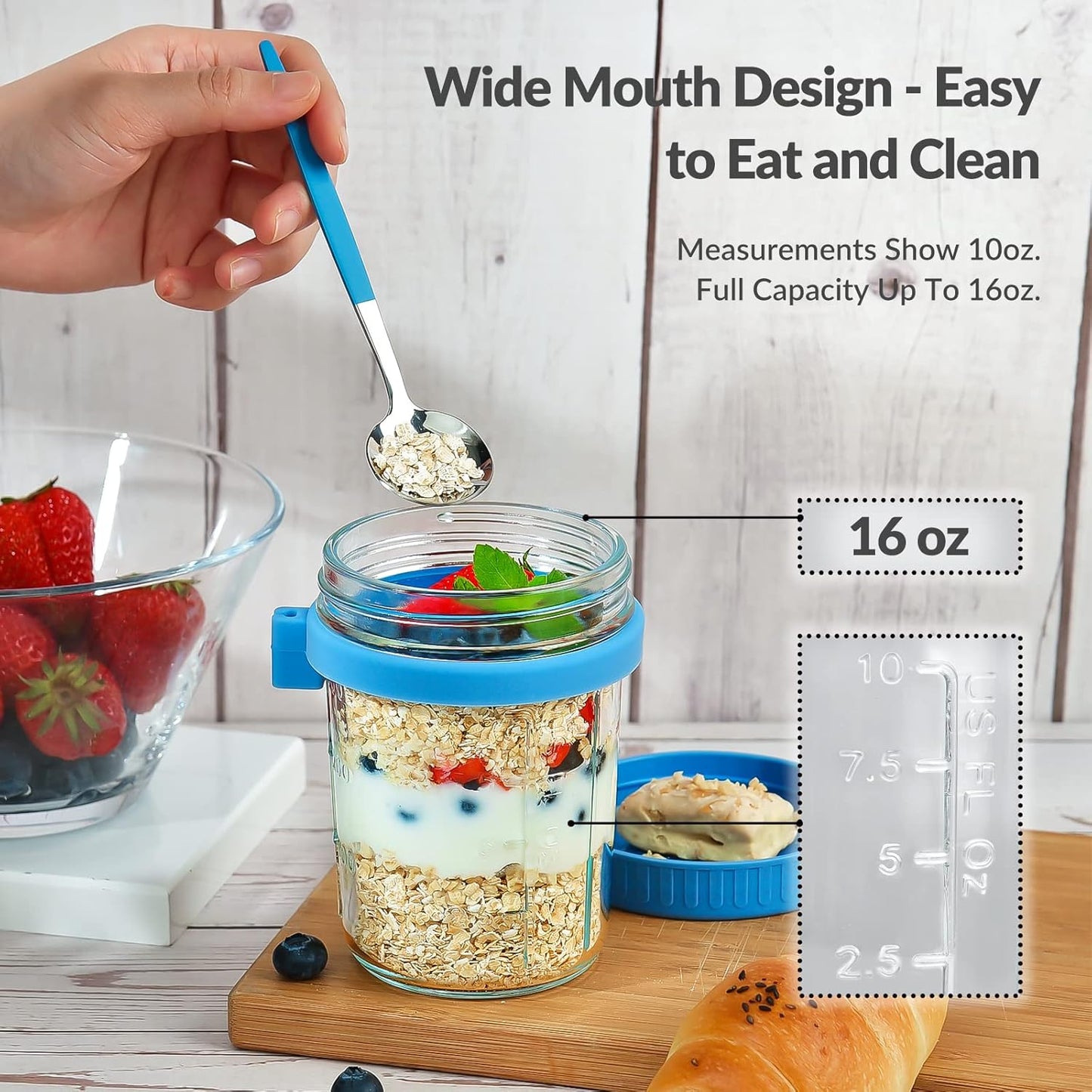 4 Pack Overnight Oats Containers with Lids and Spoons - DRKIO 16 Oz Gl