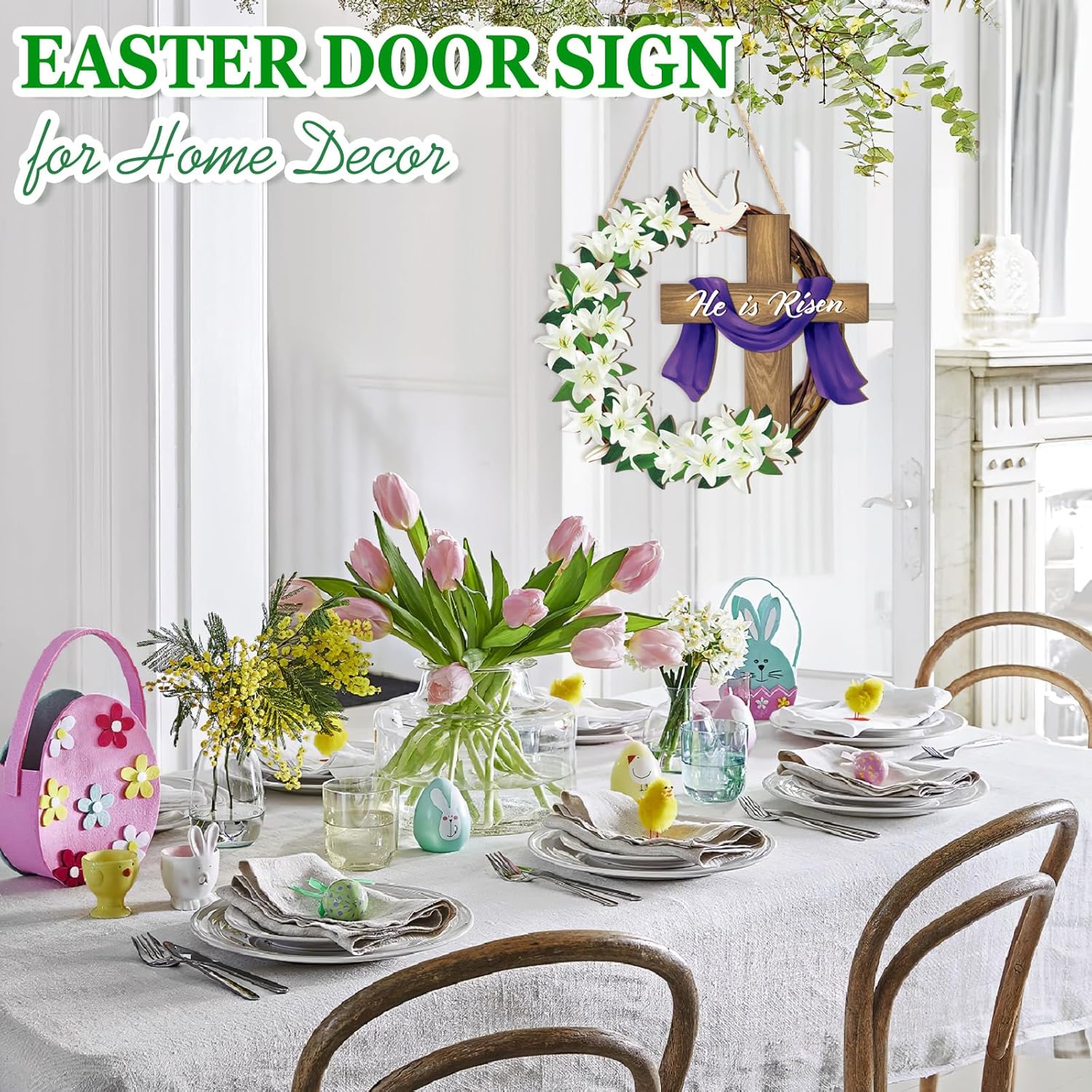 He is Risen Easter Decoration Wooden Wreaths for Front Door Sign Cross