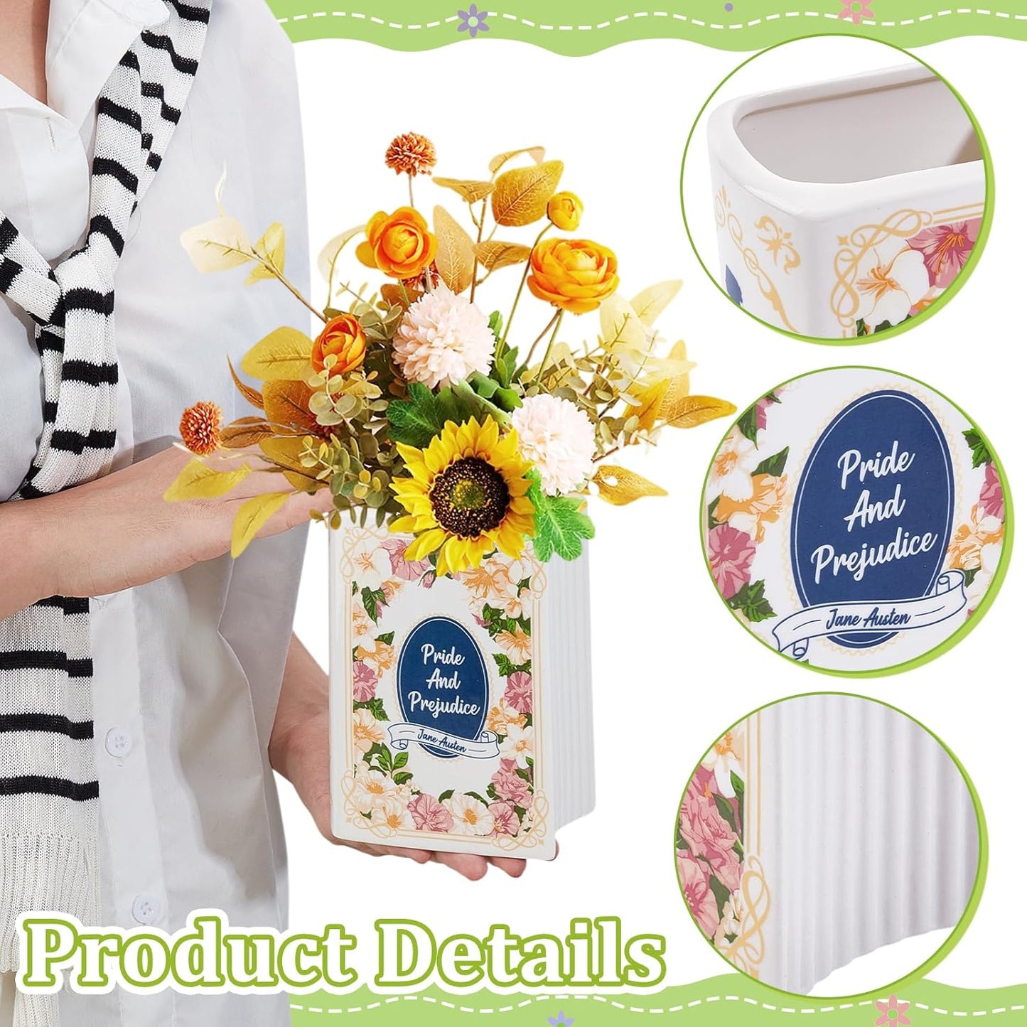 Book Vase for Flowers Ceramic Book Planter Pot Book-Shaped Decorative Vase Unique Vases Cute Bookshelf Decor Ceramic Vases for Home Decor Pride and Prejudice Gifts