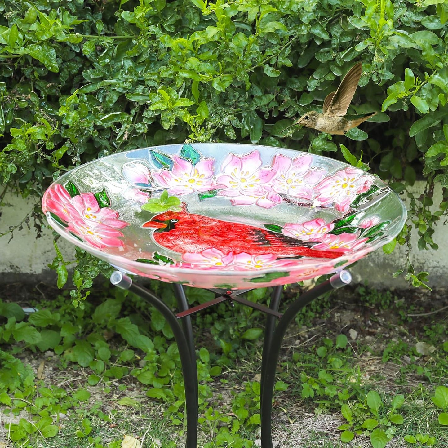 MUMTOP Outdoor Glass Birdbath with Metal Stand for Outside Lawn Yard G