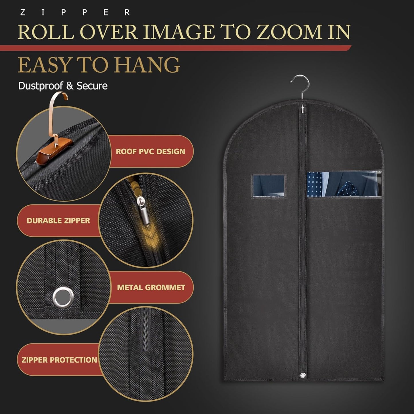 5 Pack 40-inch Suit Bag Garment Bag for Travel and Storage, Garment Bags for Hanging Clothes with Zipper and Visible Transparent Window, Black