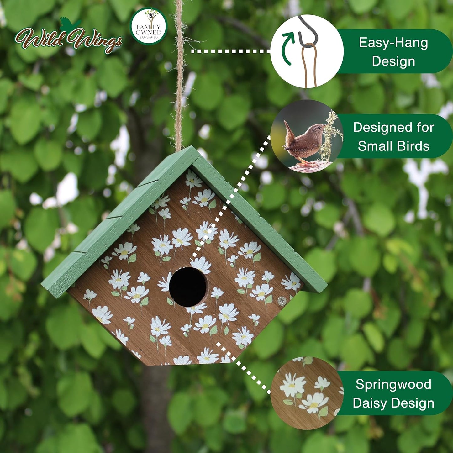 Wild Wings Decorative Wren House Springwood Daisy, Green