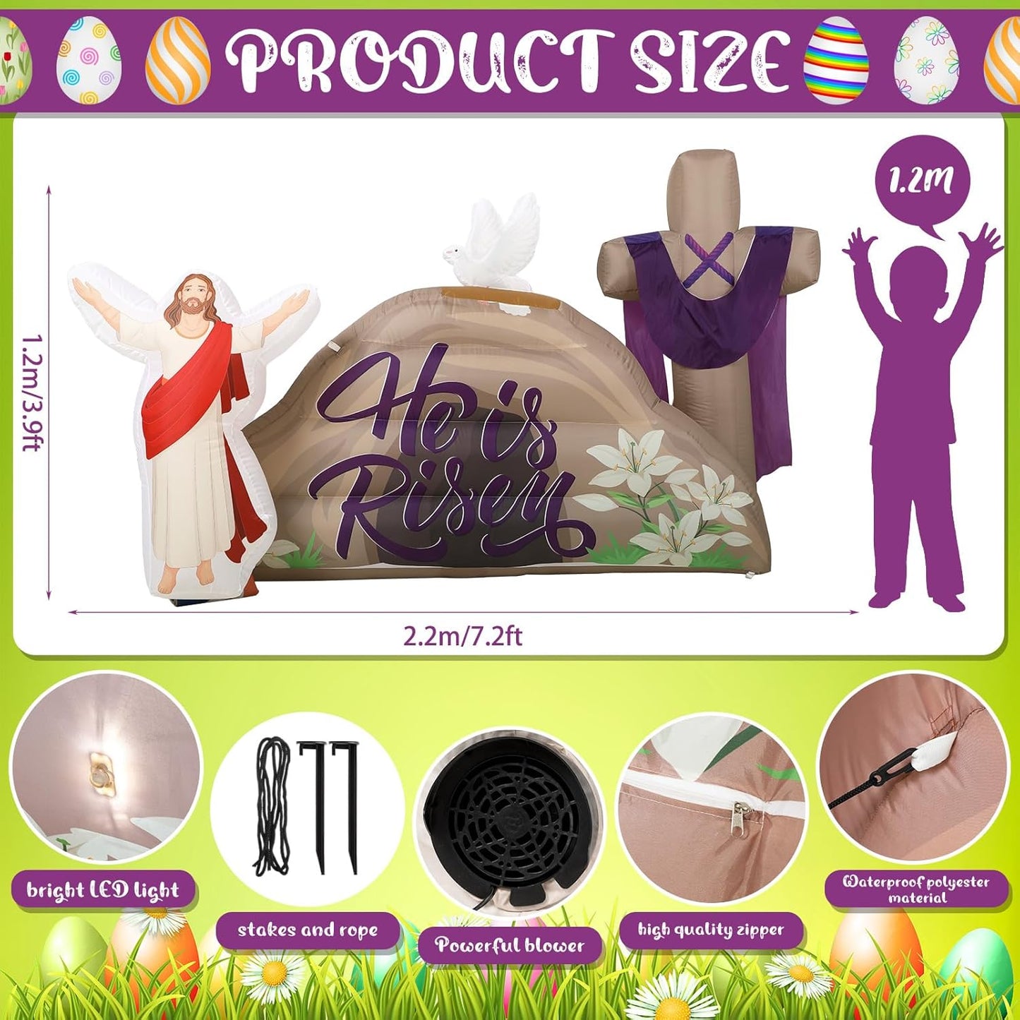 Shappy 7.2 FT Long Easter Inflatables Outdoor Decorations He is Risen Inflatables Blow Up Yard Decorations with Cross LED Lighted Christian Jesus for Outdoor Holiday Yard Garden Lawn Party Decoration