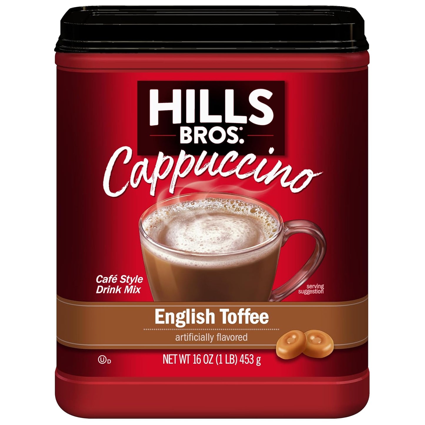 Hills Bros. Cappuccino Mix–Rich, Frothy Coffeehouse-Tasting Instant Drink Mix–Quick and Easy Preparation–Perfect for Hot & Iced Drinks & Creaming Coffee – English Toffee, 1 Pack of 16oz