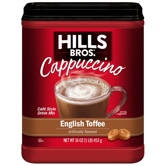 Hills Bros. Cappuccino Mix–Rich, Frothy Coffeehouse-Tasting Instant Drink Mix–Quick and Easy Preparation–Perfect for Hot & Iced Drinks & Creaming Coffee – English Toffee, 1 Pack of 16oz