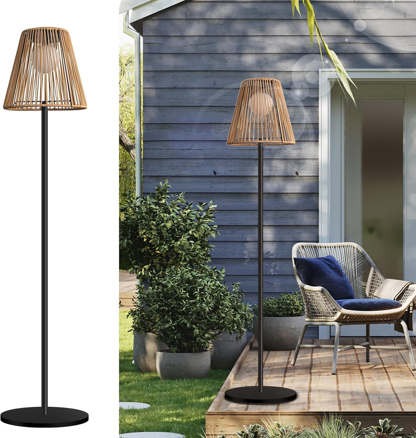 Outdoor Solar Floor Lamp, Garden Rattan Wicker Light, Metal Pole and Base, Waterproof Yard Garden Wedding Home Decor Light -Brown
