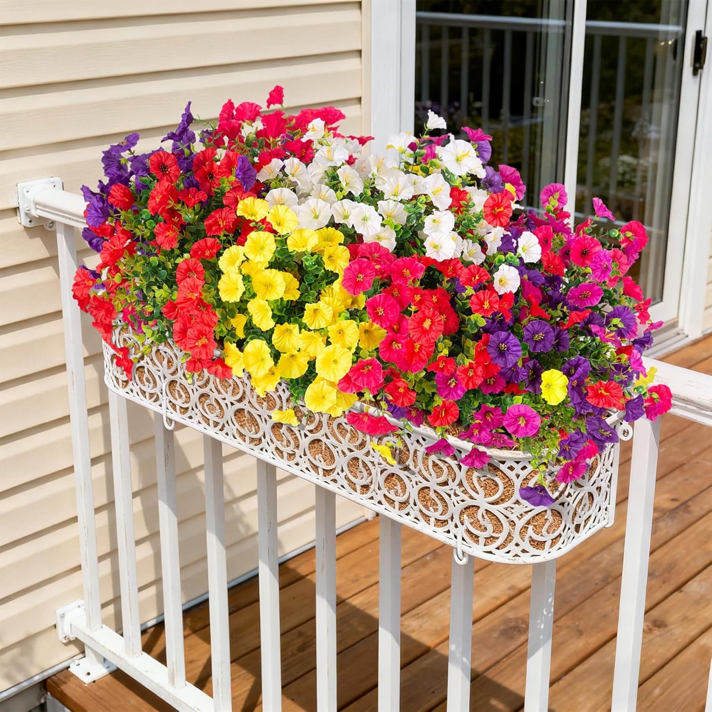 Artificial Flowers for Outdoors, 12 Bundles Fake Plastic Petunias Flower Plant, Faux UV Resistant Silk Morning Glory for Outside Planter Garden Front Porch Door Spring Summer Decor