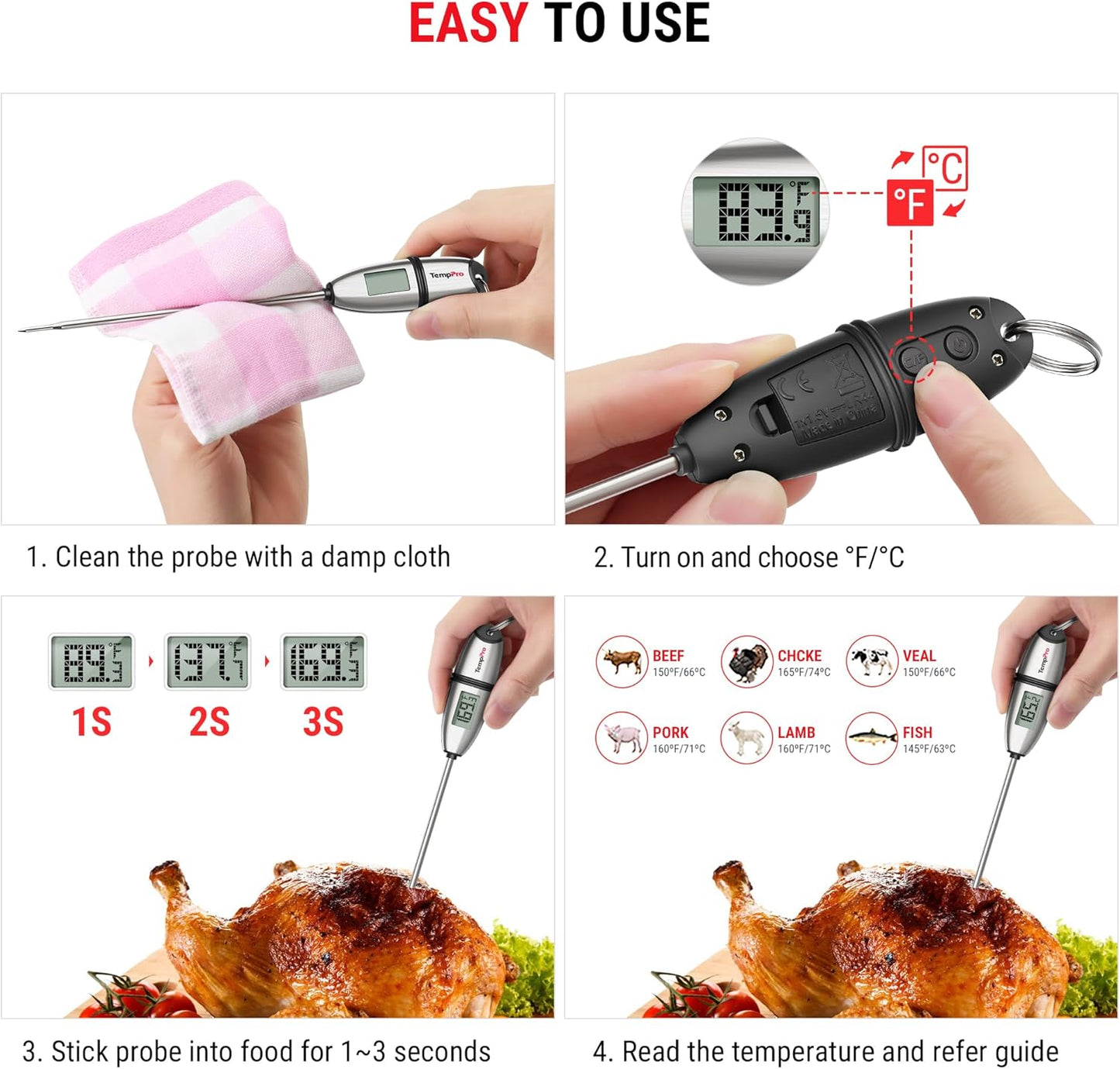 TempPro TP02S Digital Food Thermometer for Cooking Bread Baking Sourdough Liquids, Meat Thermometer Digital with Super Long Probe for Kitchen BBQ Yogurt Candy Making Accessory (Previously ThermoPro)