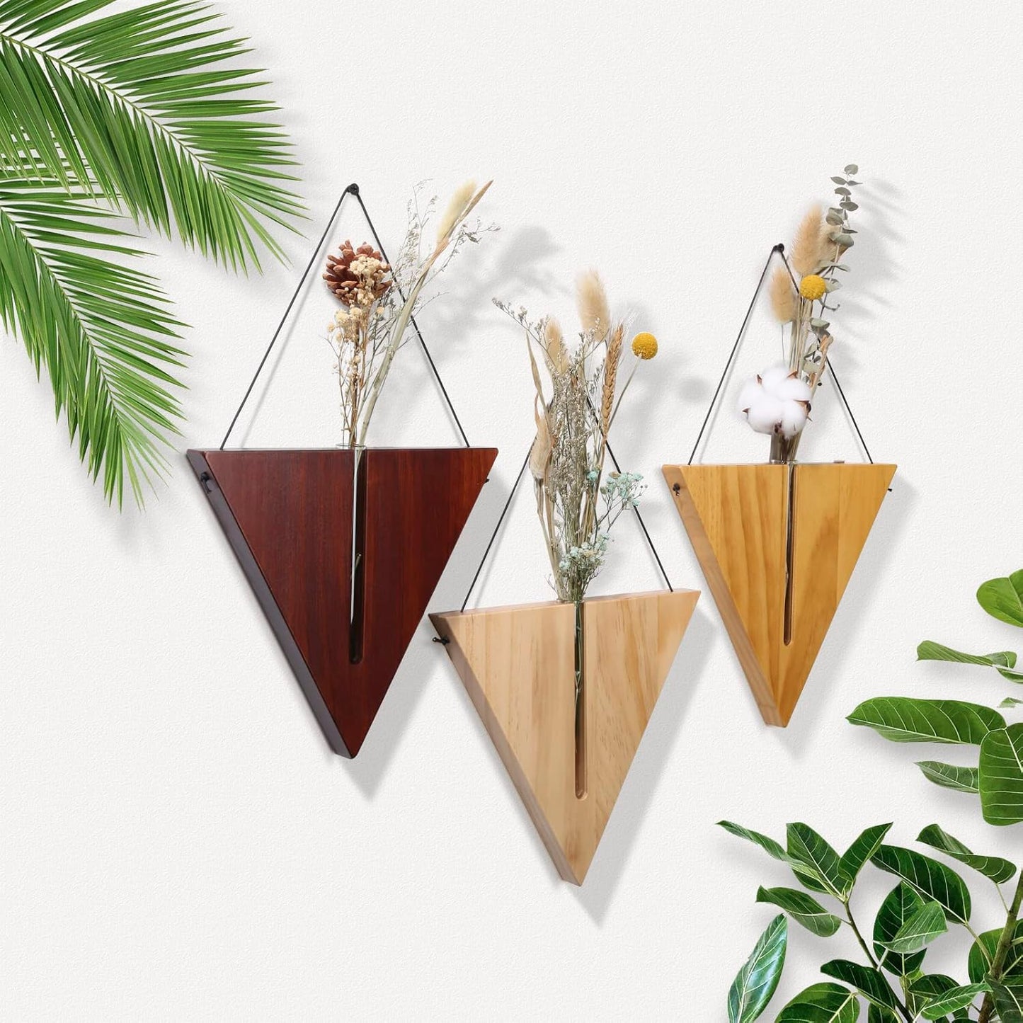 Indoor Wall Planter, Bohemia Flower Vase, Propagation Station, Wooden Hanging Planter, Wall Decor for Living Room (Triangles/Set of 3)