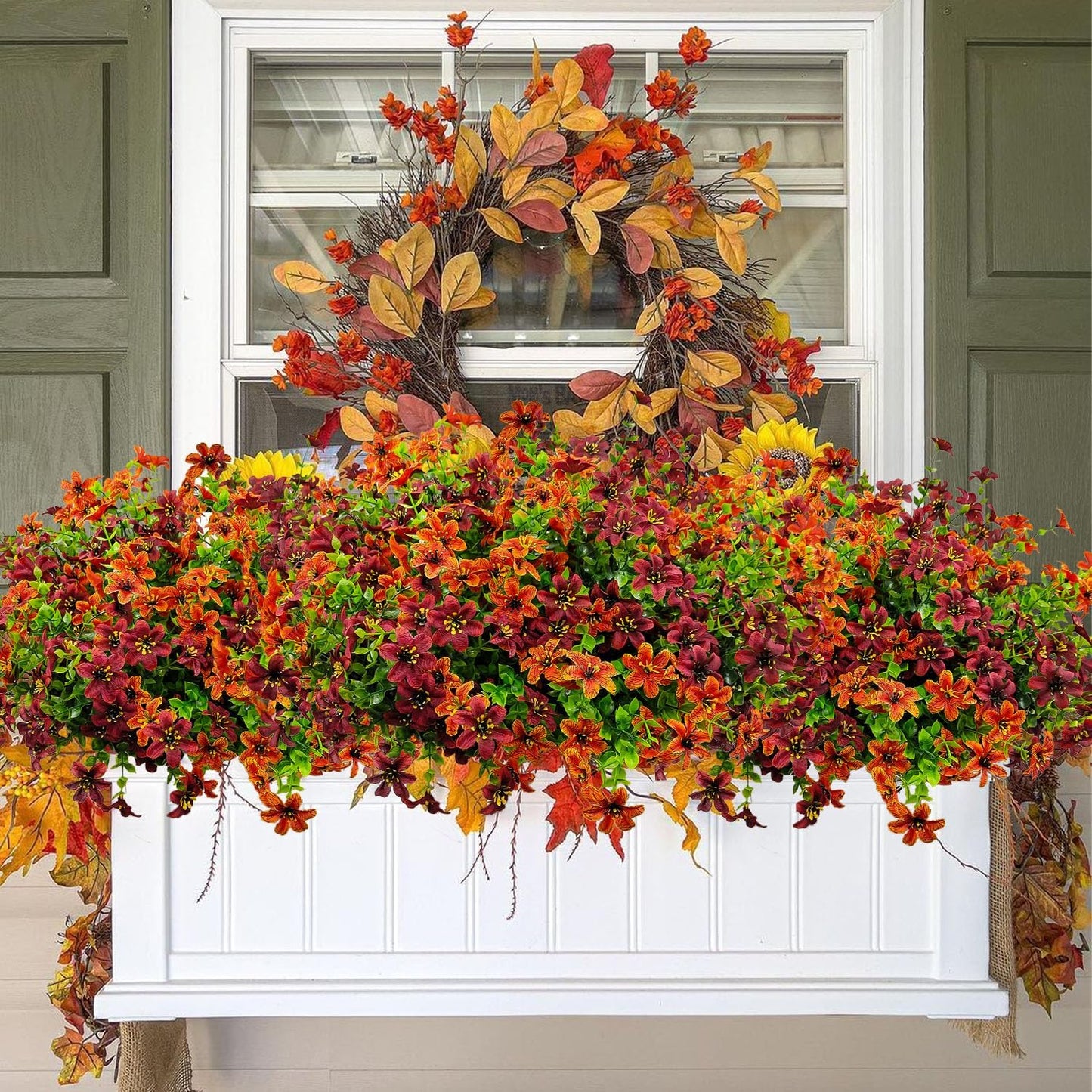 12 Bundles Faux Fall Flowers Artificial Mums for Outdoors Fake Plants UV Resistant for Planters Pots Garden Outside Front Porch Patio Hanging Basket Home Autumn Decoration (Orange+Brown)