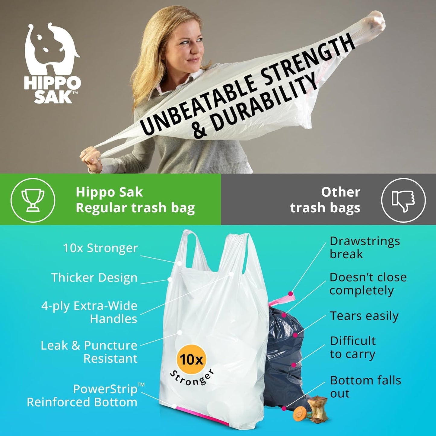 Hippo Sak - Tall Kitchen Garbage Bags with Ergonomic Handles - 13 Gallon Trash Bags - Super Strong, Patented Reinforced Bottom and Leak Proof Tall Kitchen Trash Bags - Heavy Duty Trash Bags (90 Count)
