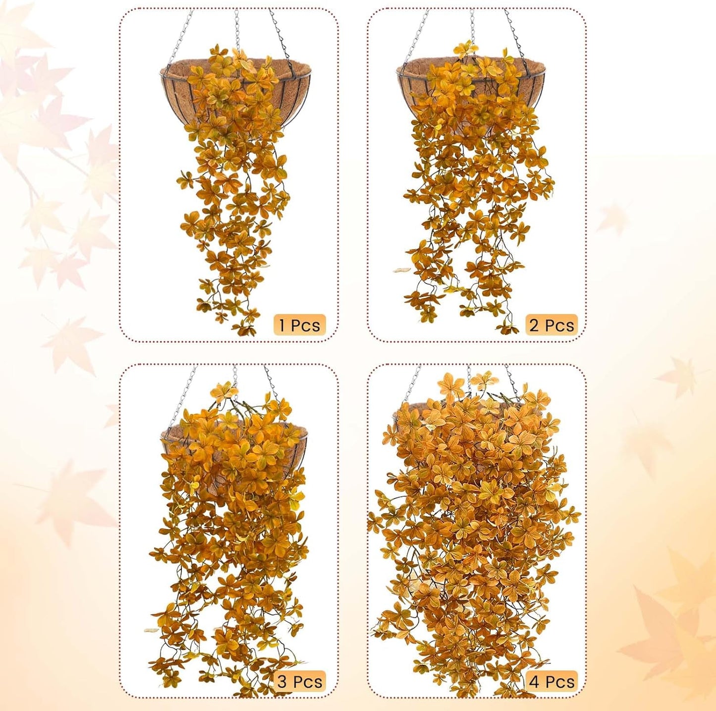 SNAIL GARDEN 4 Pack 240 Leaves Artificial Hanging Plants, 39.3” Fall Plant with Flower-Shaped Leaves, Detachable Stems for DIY Fall Decor, Indoor Outdoor Autumn Decorations for Home, Porch, Front Door