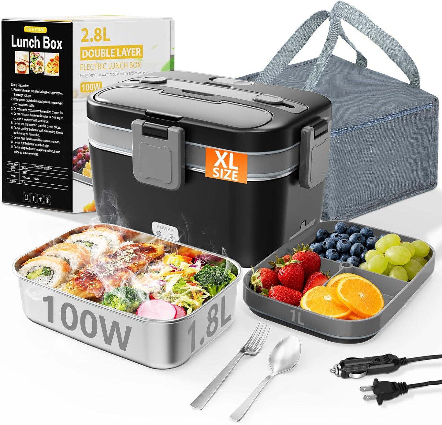 Electric Lunch Box for Adults, 2.8L Double Layer 100W Fast Heated Lunch Box, Heating Food Heater Warmer for Home Office Car Truck Use, Extra Large Lonchera Electrica Portátil 12/24V/110-230V, Black