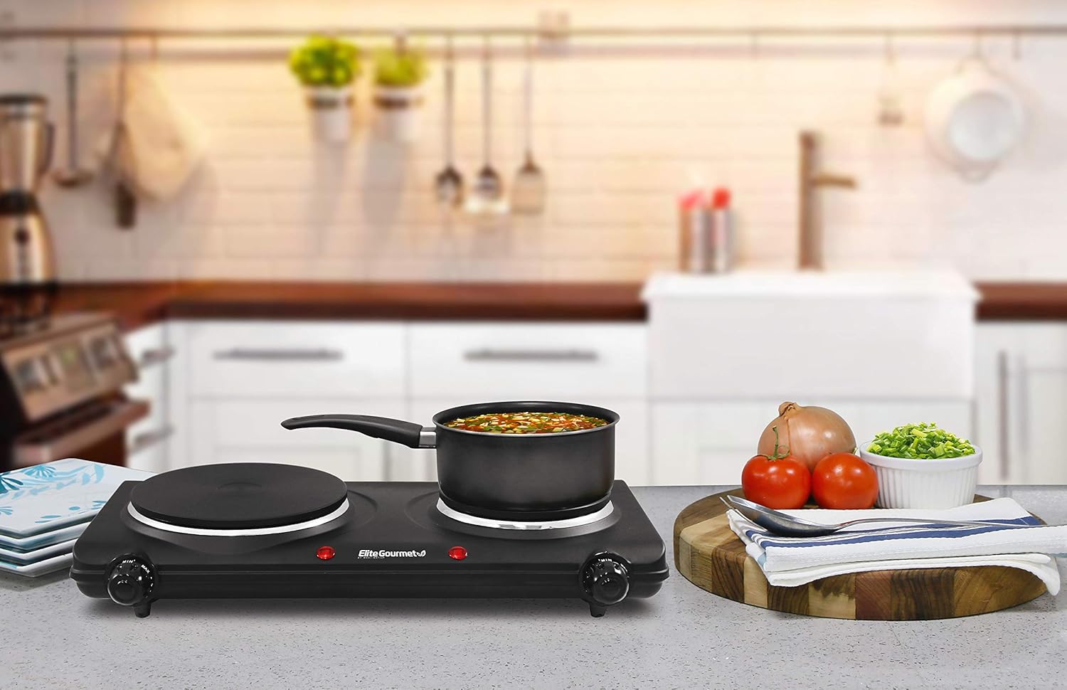 Elite Gourmet EDB-302BF Countertop Double Cast Iron Burner, 1500 Watts
