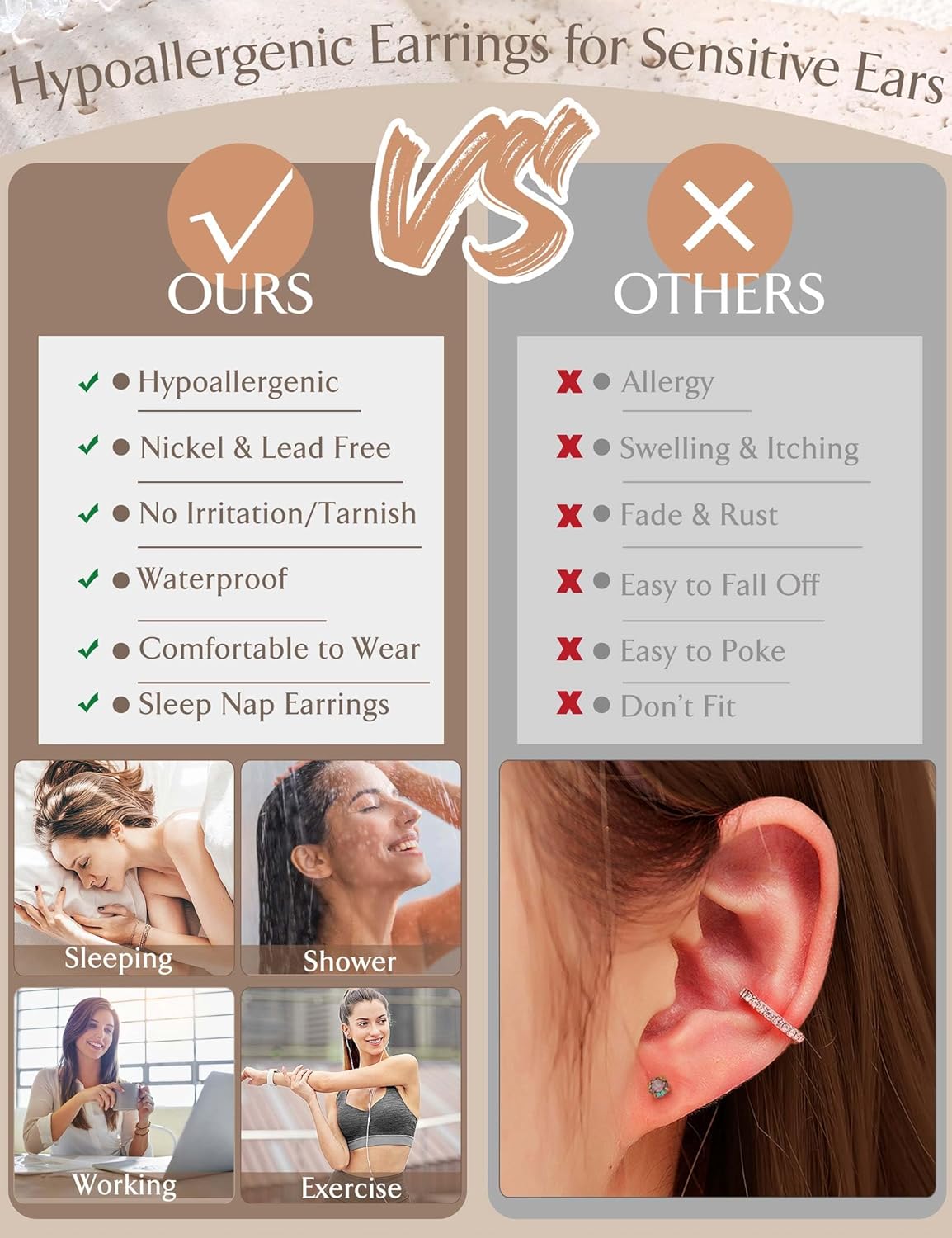 Jstyle Hypoallergenic Stud Hoop Earrings for Women Small Flat Back Sur
