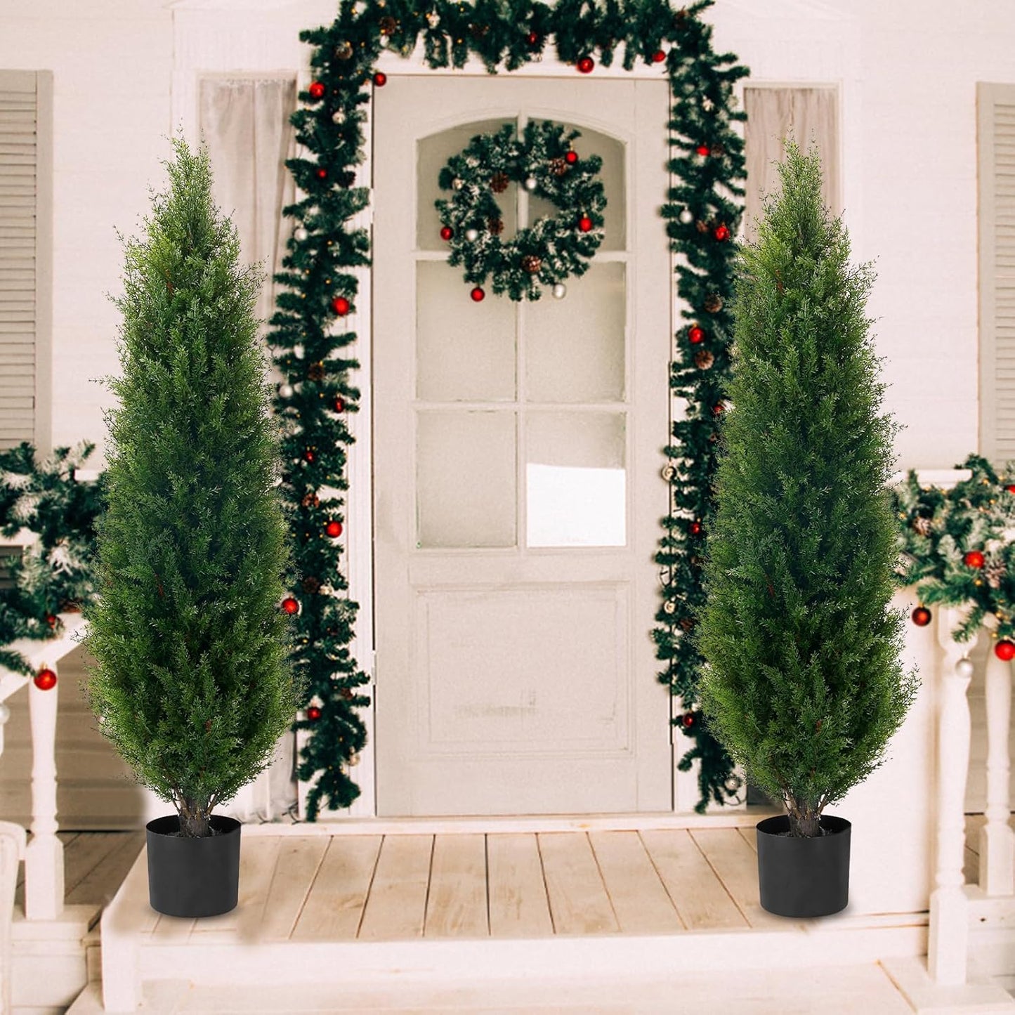 4ft(48”) Artificial Cedar Topiary Tree Potted Plants UV Resistant Leaves Outdoor Artificial Shrub Home and Office Interior Decoration Outdoor Pruned Trees Artificial Outdoor Tree