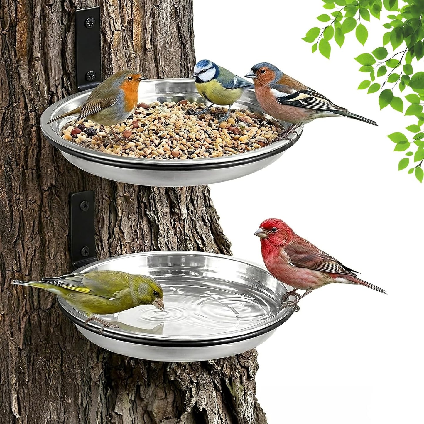 2 Pack Bird Feeder Tree Mount, 8.6 Inch Stainless Steel Fence Crow feeders for Outside with Metal Holder, Wild Bird Bath Tray for Outdoor Garden