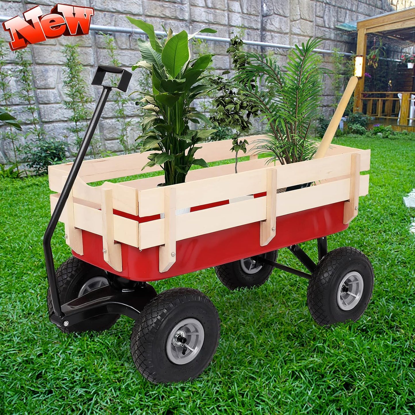 Upgraded Version Best All Terrain Cargo Wagon Wood Garden Cart with Big Wheels, Kids Outdoor Wagons, Air Tires, Easy Assembly, Red