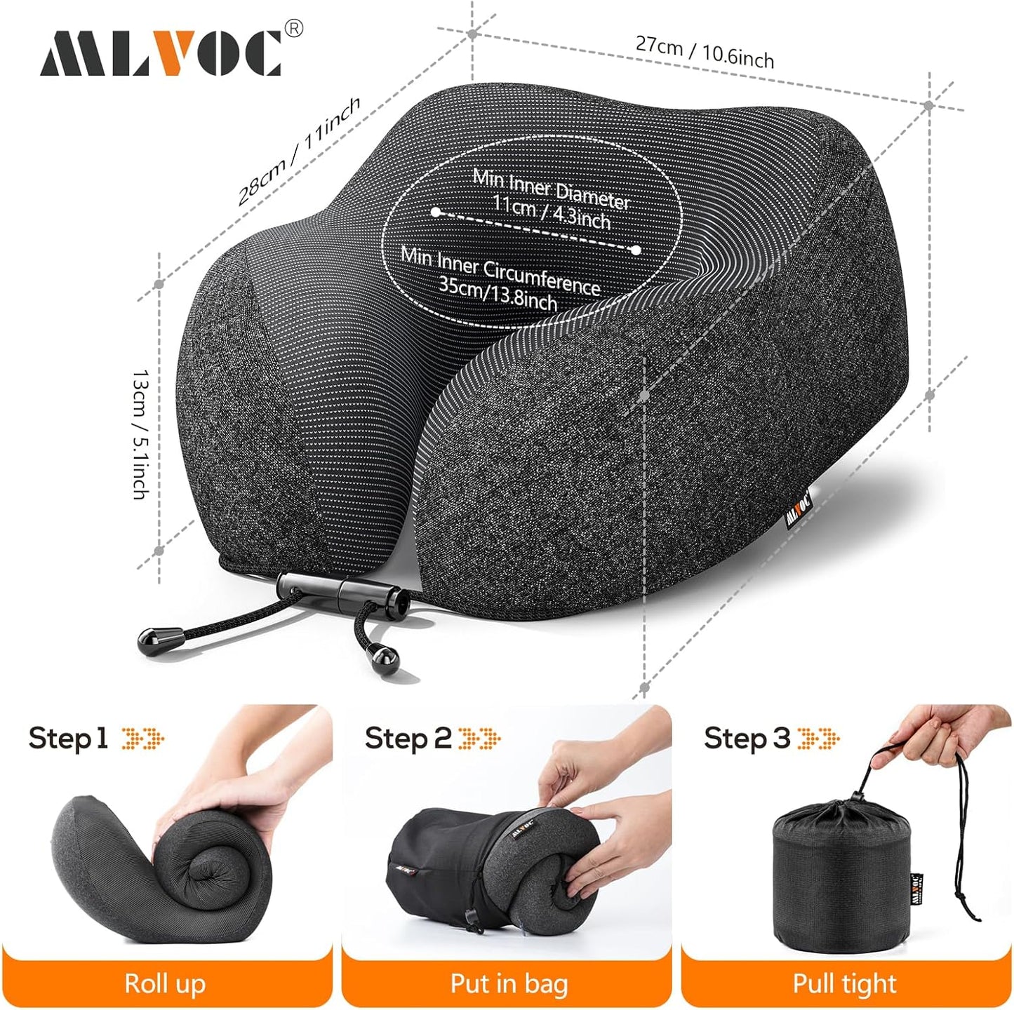 MLVOC Neck Pillow for Traveling, Upgraded 100% Pure Memory Foam Travel Neck Pillow for Airplane Flight Sleep, Breathable & Machine Washable Cover, Travel Kit with 3D Eye Mask, Earplugs & Bag, Black