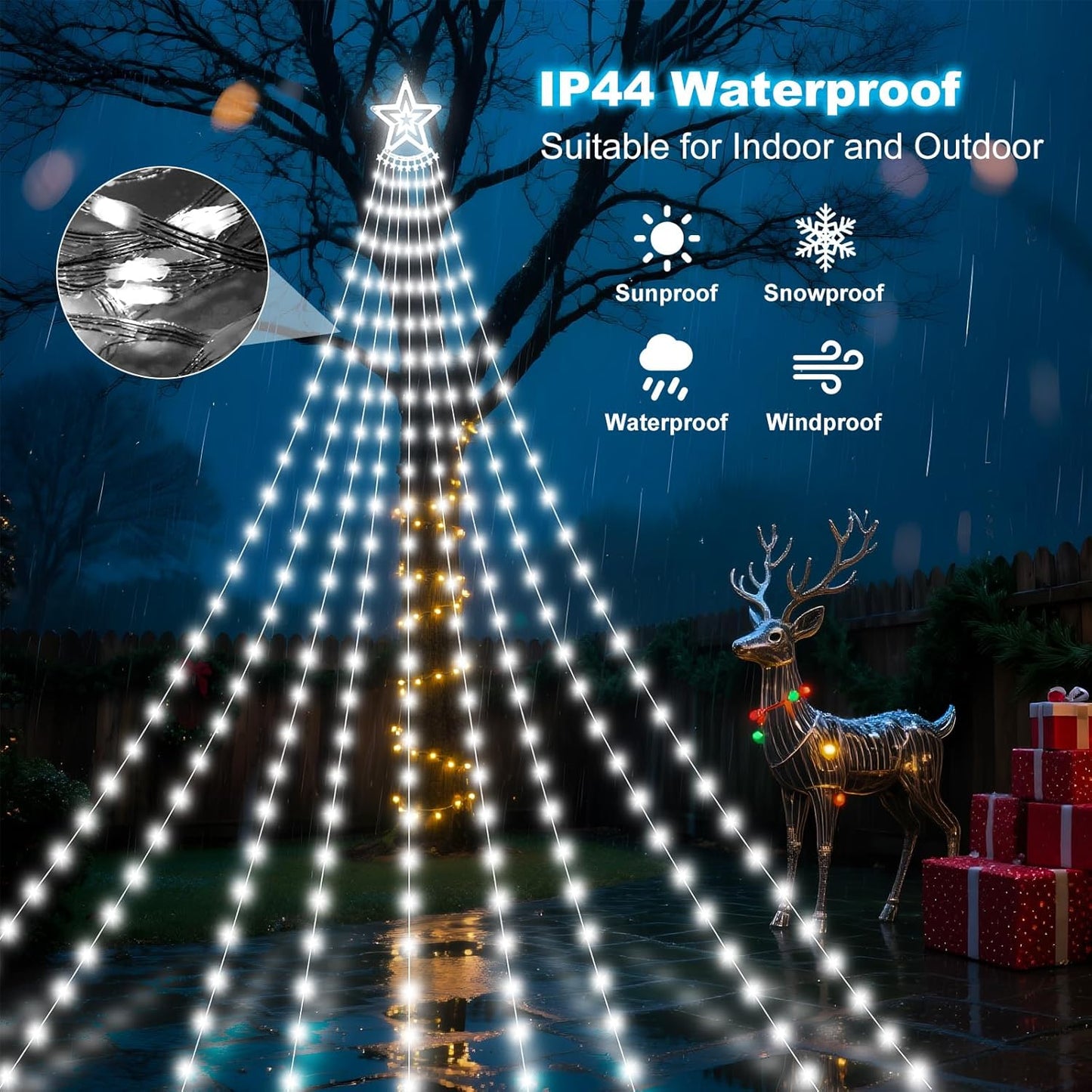 Solar Christmas Decorations Tree Lights Outdoor, 18.37ft 532LED Waterfall String Lights with 8 Modes Timer Remote Xmas Lights USB Powered for Garden Yard Patio Home Holiday Party Decor, Pure White