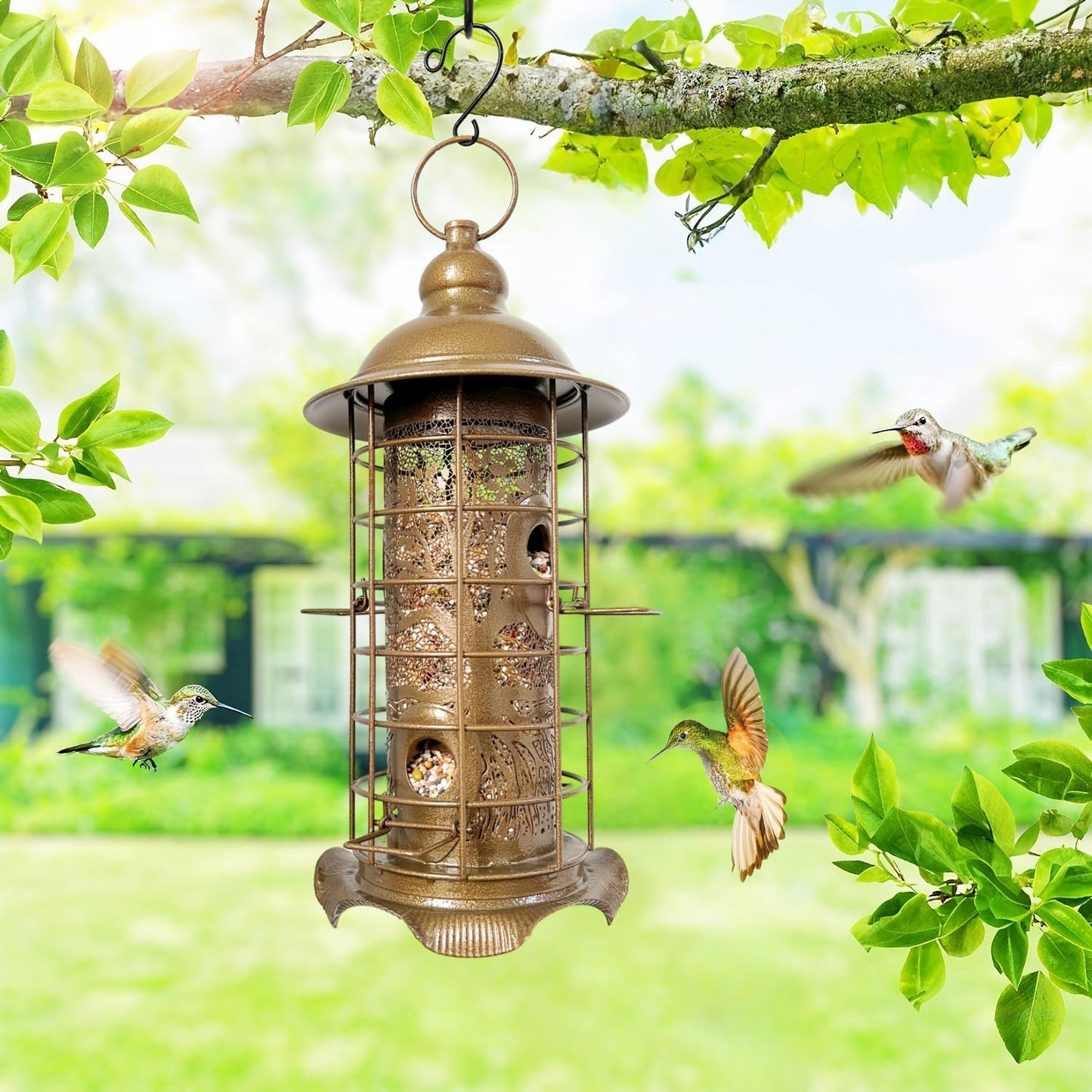 Rustic Metal Hanging Bird Feeder for Outdoors, Weather Resistant Wild Seed Feeders with Protective Cage & Perches for Backyard Patio Porch Gift Idea for Women Mom Grandma Bird Lovers