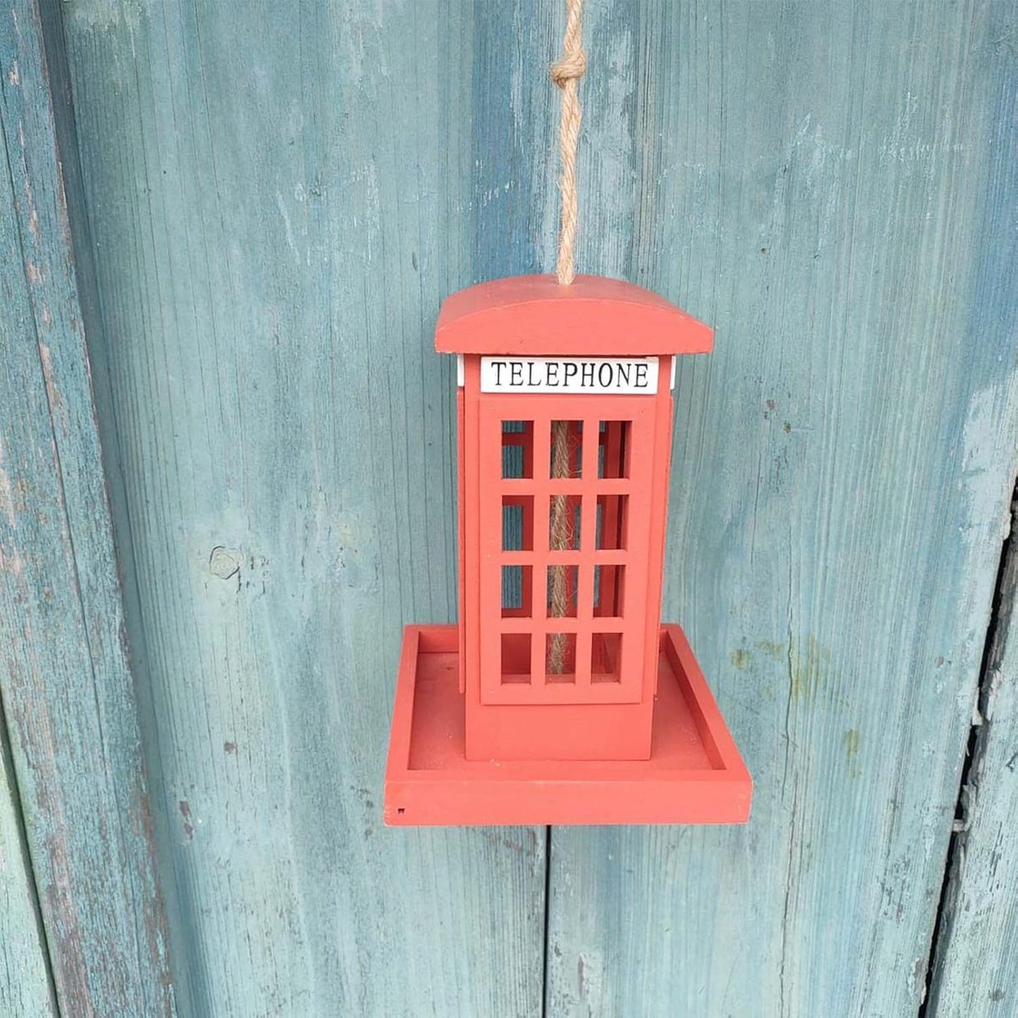 Outdoor Bird Feeder, Wooden Red Telephone Box Spill-Resistant Feeding House for Wild Birds, Garden, Backyard, Balcony, Porch, Yard Décor