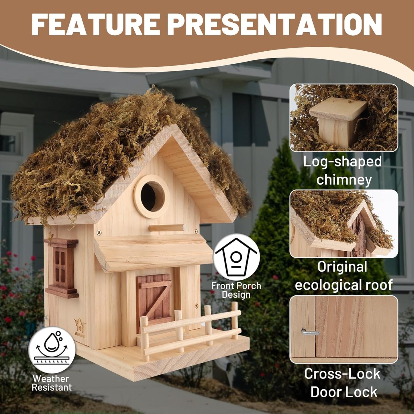 Cottage Style Birdhouse Kit - DIY Bird House for Outdoors, Cedar Roof & Front Porch, Natural Bark Siding, Premium Pine Wood, Fun Family Craft Project