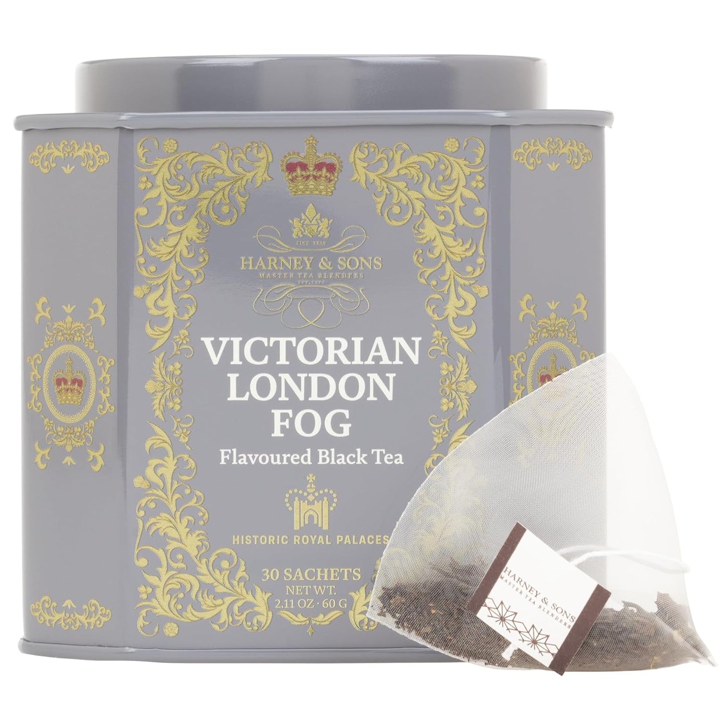 Harney & Sons Victorian London Fog Tea, Black and Oolong Tea with Citrus, Vanilla and Lavender | 30 Sachets, Historic Royal Palaces Collection (Tin Design May Vary)