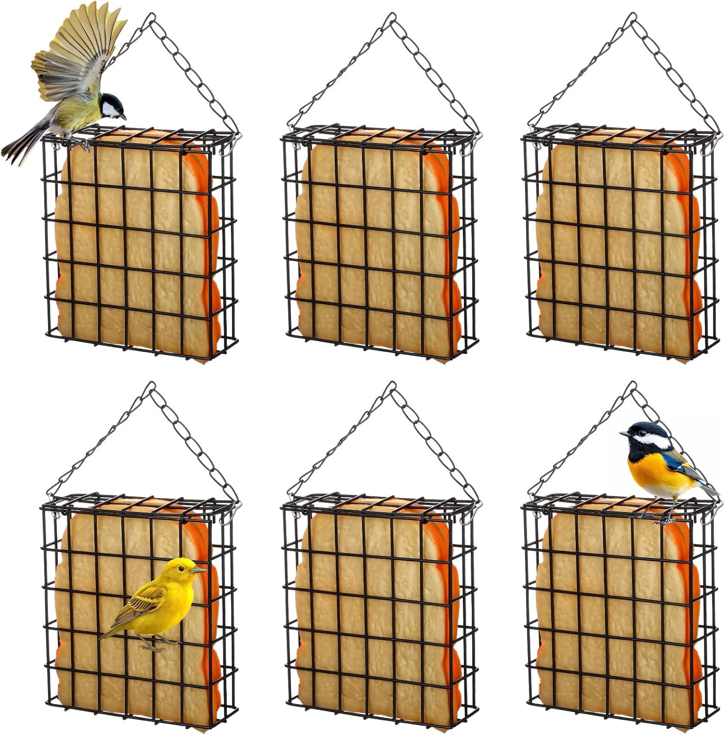 6 Pack Suet Bird Feeders, Outdoor Hanging Metal Cage for Wild Birds, S