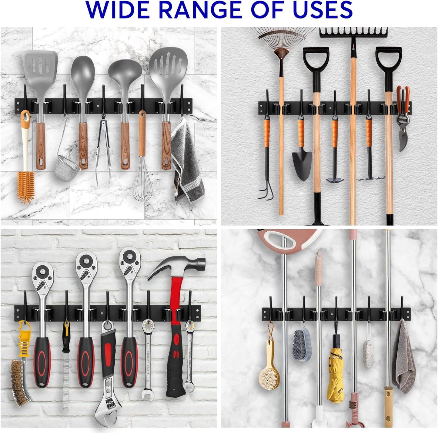 Broom Holder Wall Mount, 4 Racks and 5 Hooks Mop Holder Wall Mount, Stainless Steel Heavy Duty Garden Tool Broom Organizer Wall Mount, Laundry Room, Kitchen, Closet, Shed, Garage Organizer