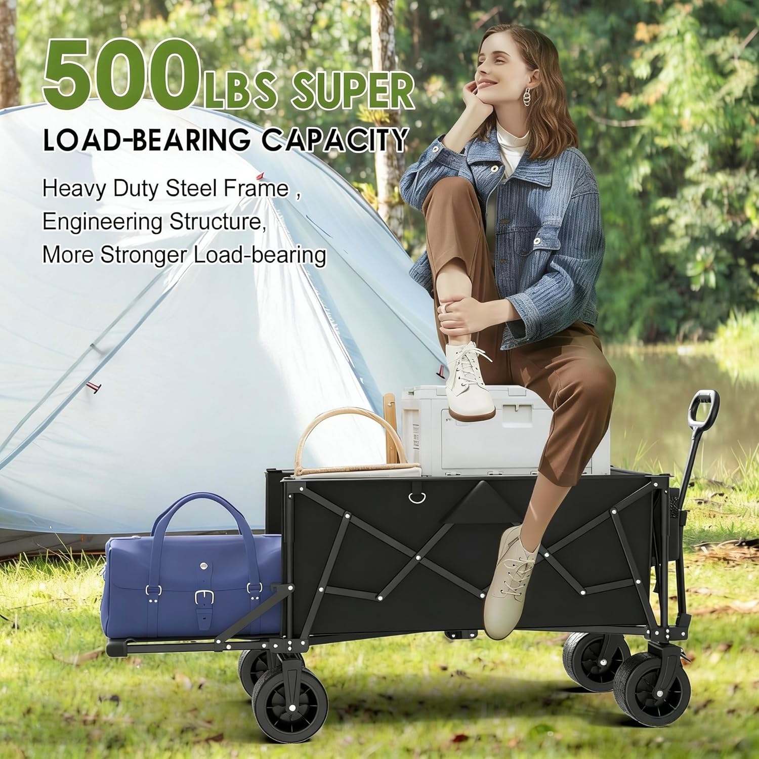 ZENPETIO 49" Collapsible Wagons Carts Foldable with Tailgate, 300L Hea