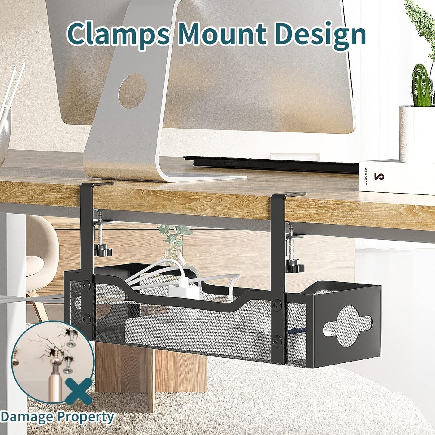 Under Desk Cable Management Tray No Drill, Metal Mesh Cable Management