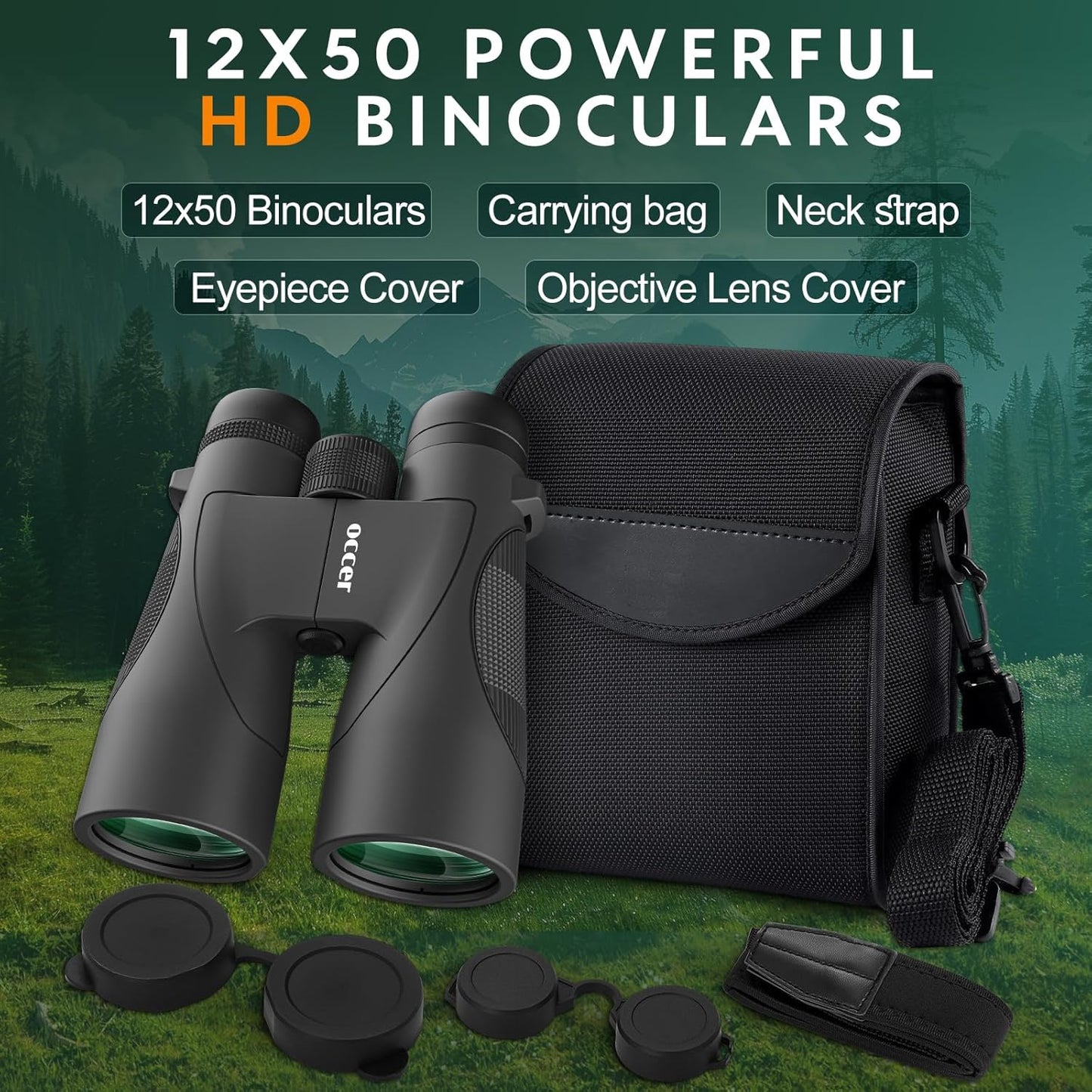 Occer 12x50 Bird Watching Binoculars for Adults - High Powered Binoculars with Clear Image - Easy Focus HD Binocular for Cruise Ship Hunting Travel Concert Stargazing Birthday Gift for Men