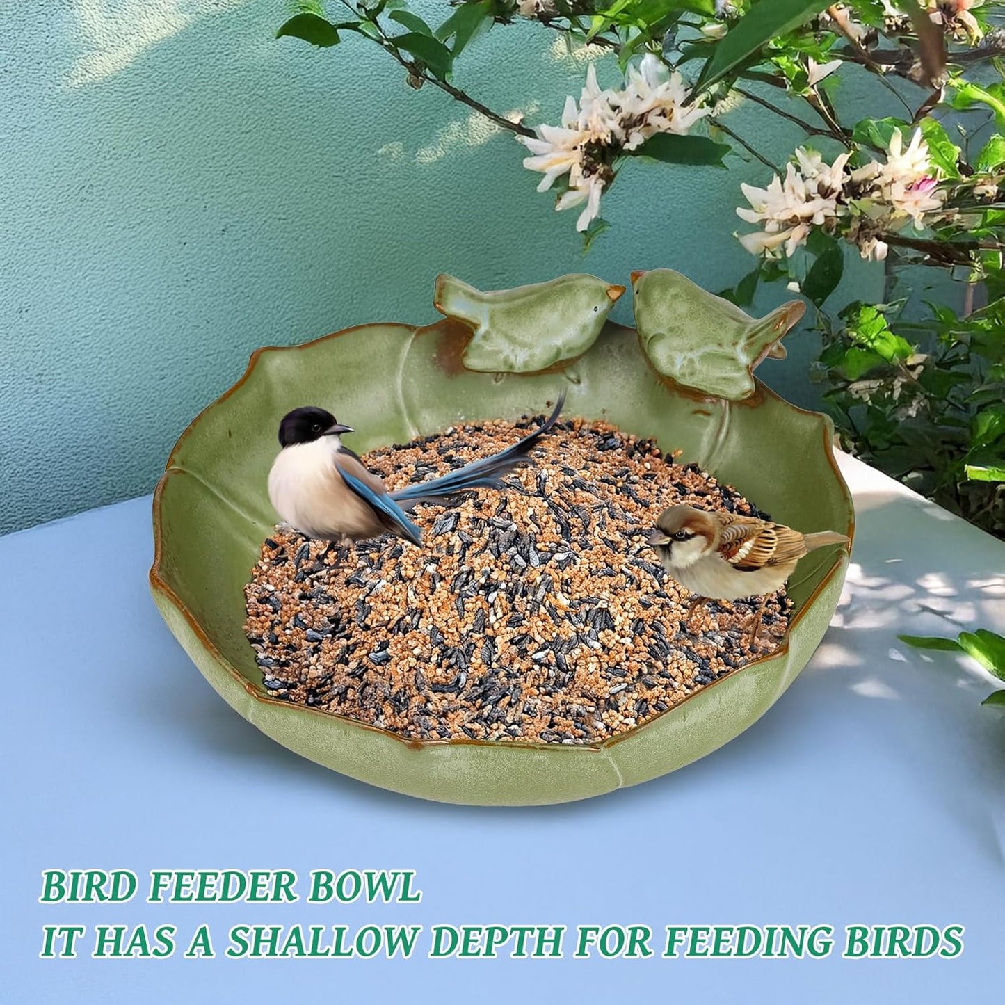 Ceramic Bird Bath Bowl for Outdoors, 9.45-Inch Ground & Tabletop Garden Decor, Weather-Resistant Birdbath for Deck, Balcony, Lawn - Easy Clean Bowl Only - Sage Color