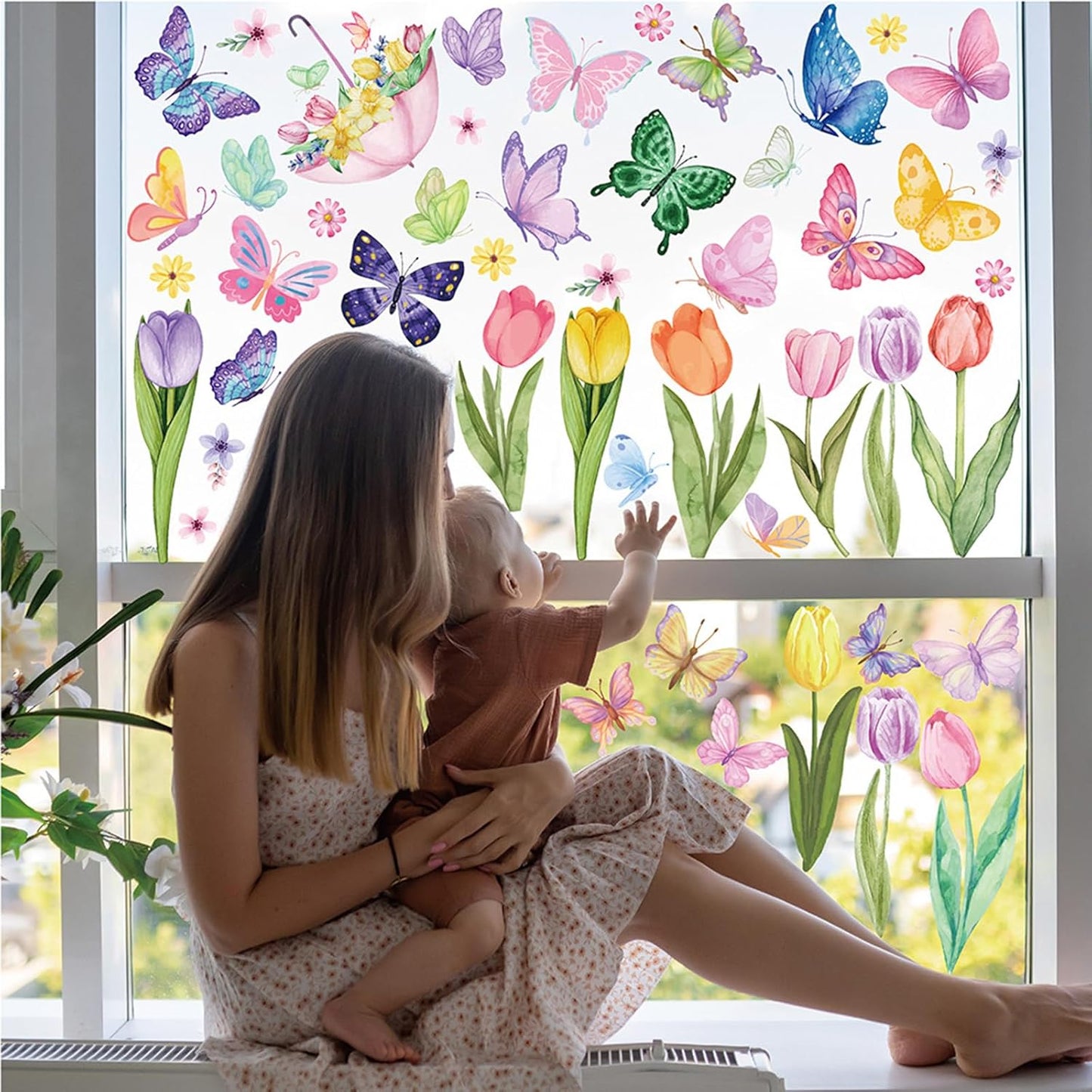 83 PCS Window Clings Spring Flower Window Stickers Decorations for Glass Windows, Easter Tulip Butterfly Flower Window Decals
