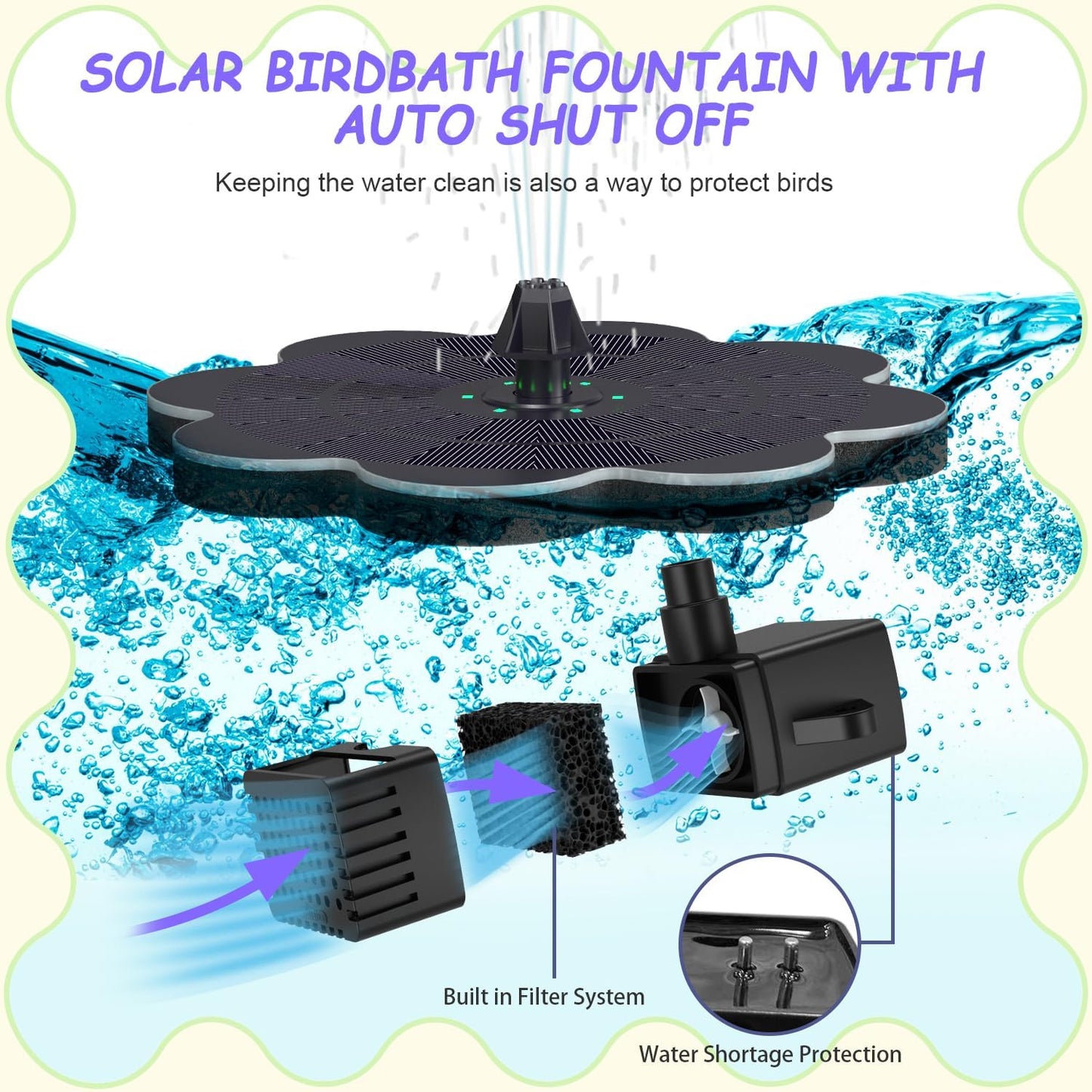 Yzert Solar Fountain with Colorful LED Lights & 2000 mAh Battery Flowe