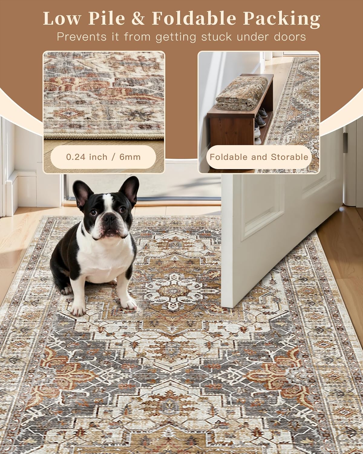 Madane Runner Rug 2x8, Washable Hallway Runner Rugs, Non-Slip Low-Pile Soft Kitchen Rug Runner Laundry Room Rug, Vintage Throw Entry Foyer Mat for Entrance Living Room (Turmeric/Grey, 2 x 8)
