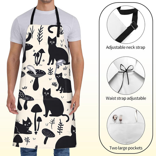 Black Cat Apron for Women with Mushroom,28x33in,Cute Kitten Kitchen Ap